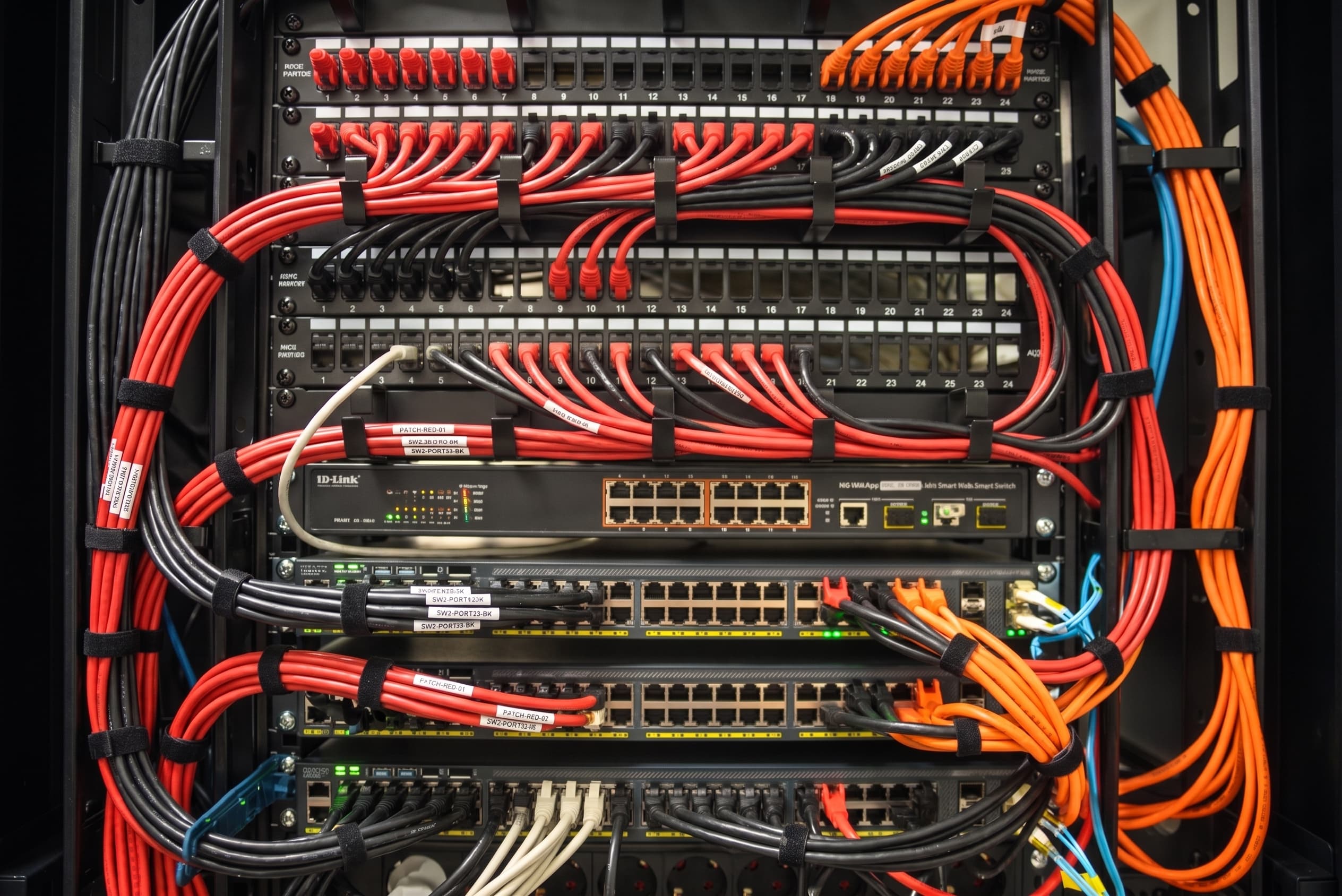 Rack de red organizado por Zetared: cableado Cat6 peinado, etiquetado y switches PoE ordenados
